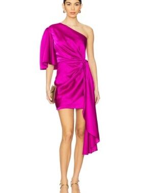 Solace London One-Shoulder Hot Pink Draped Mini Dress